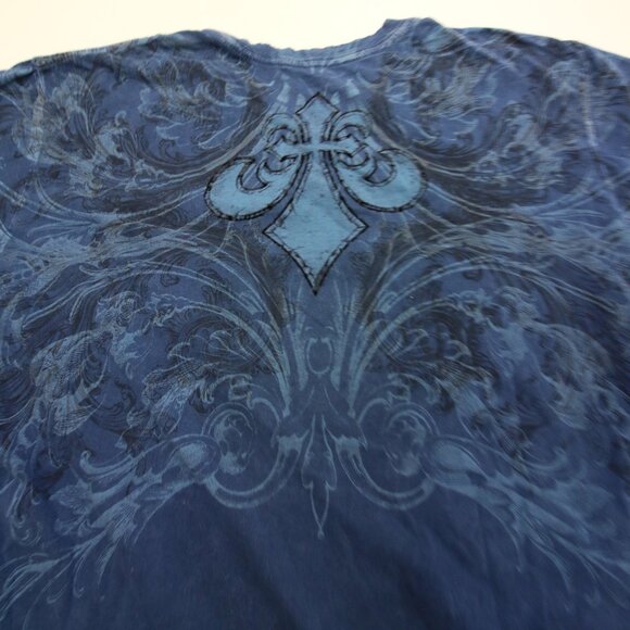 Affliction T-Shirt Large Blue Fleur De Lis READ Distressed Tiny Holes Y2K - Picture 12 of 15